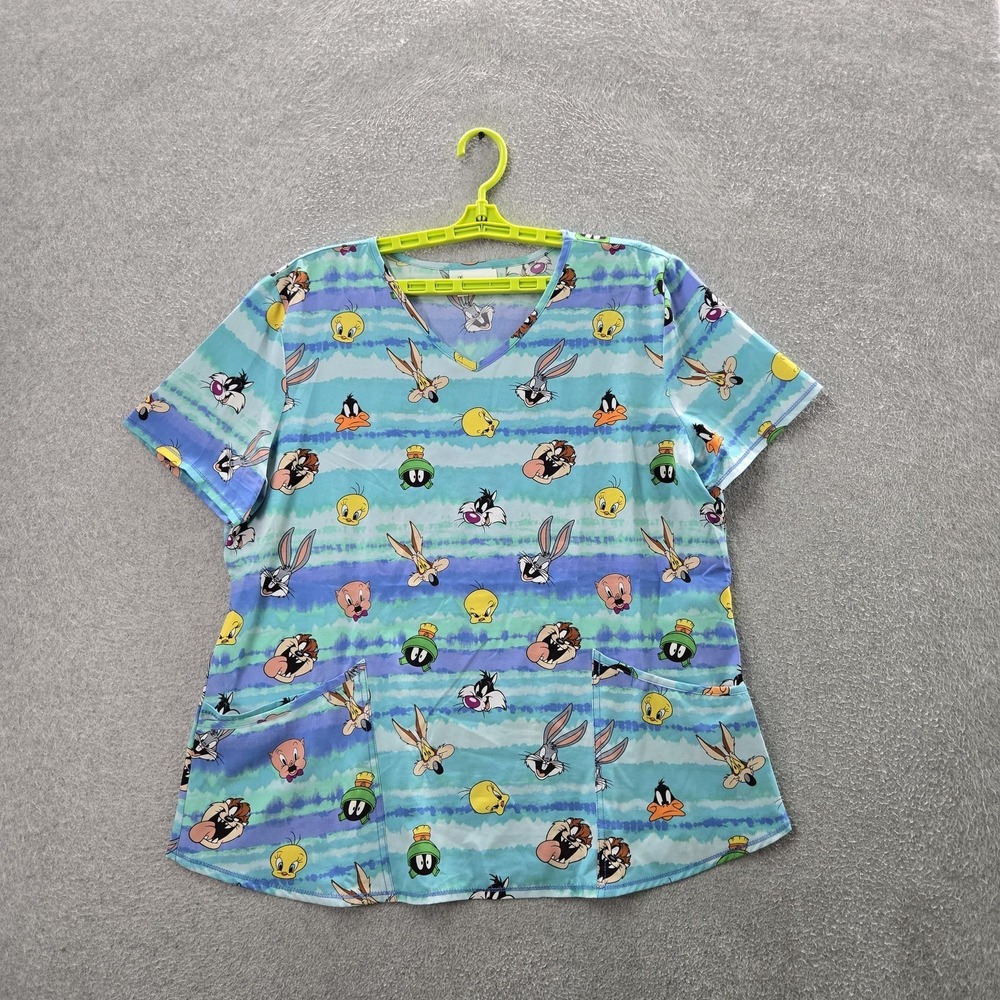 Looney Tunes Women Scrub Shirt L/G‎ Blue Graphic WM22T745LA V-Neck Pullover